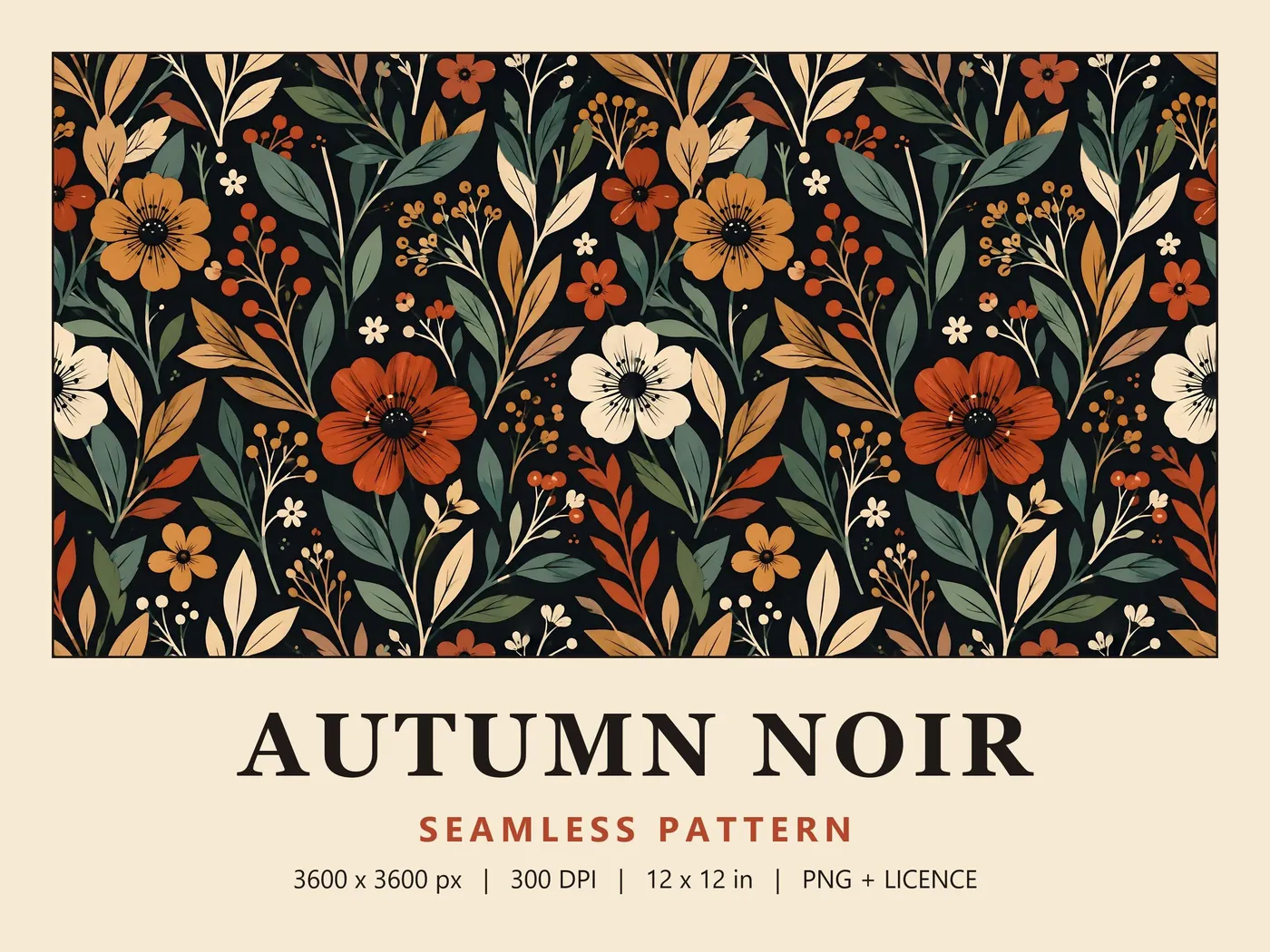 Autumn Noir pattern: rust, ochre and cream blooms among sage, tan and cream leaves on a black background