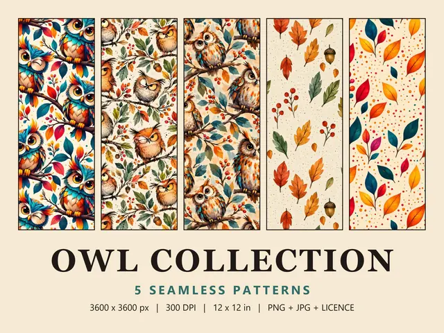 Autumn Owl Seamless Pattern Bundle, Autumn Owl Bundle cover image