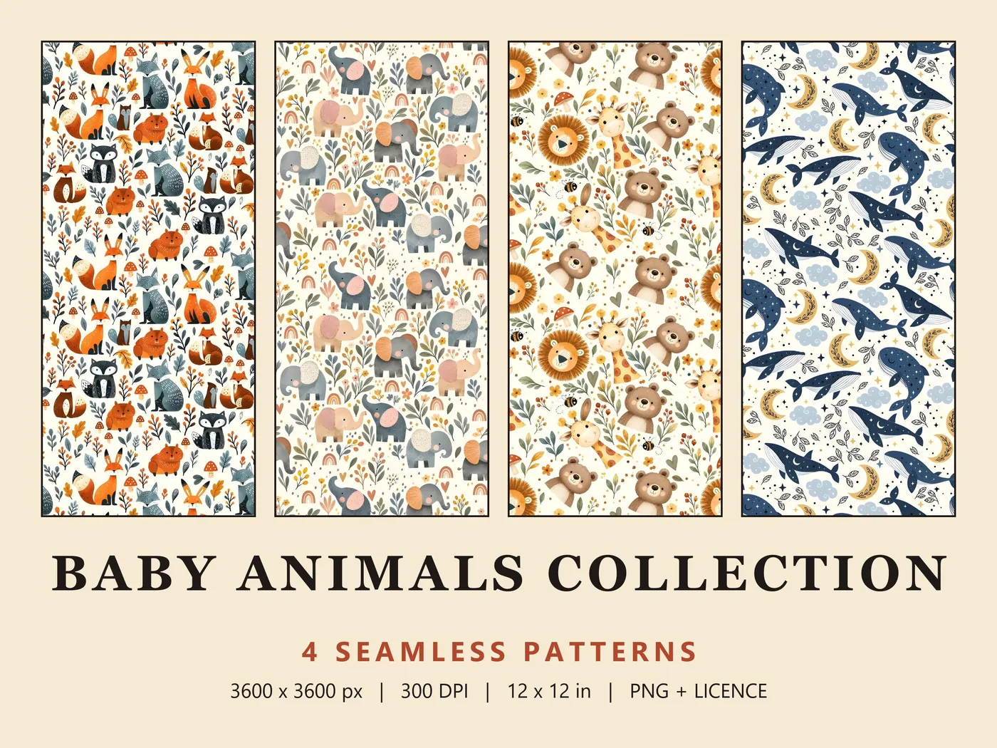 Baby Animals Collection cover showing four prints: foxes, pastel elephants, lions with giraffes, navy whales with moons