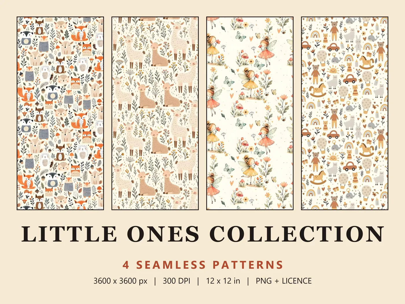 Little Ones Collection cover: woodland animals, llamas, flower fairies, and teddy bears with rocking horses, side by side