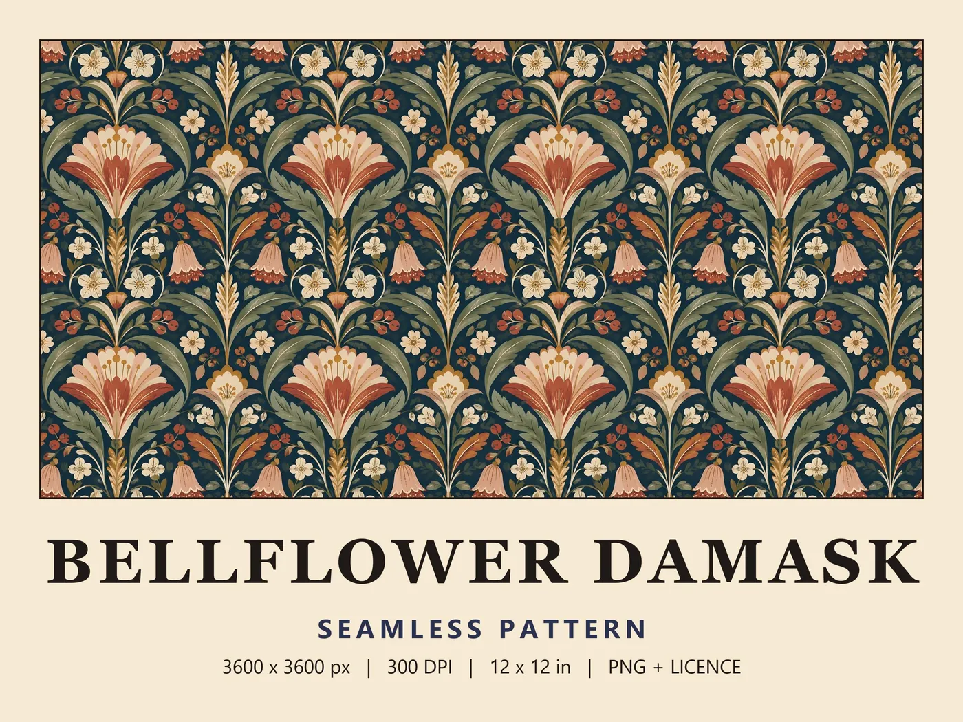 Bellflower Damask seamless pattern: coral and cream fan blooms, pink bellflowers and sage leaves on deep navy