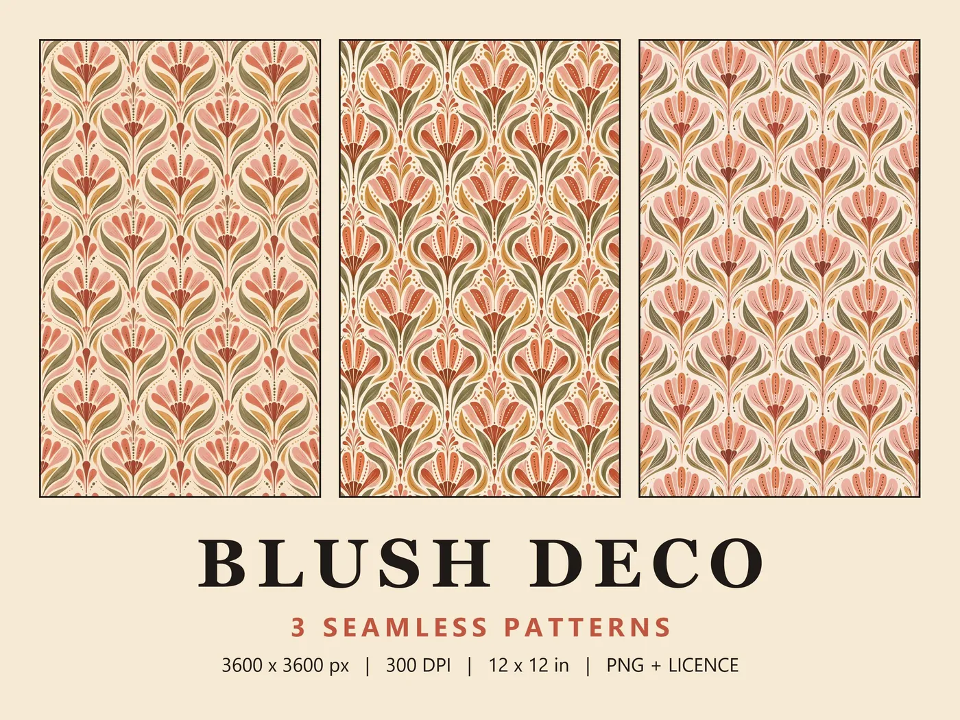 Three Blush Deco tulip patterns side by side: arch, damask and trellis layouts in coral, blush and olive on cream