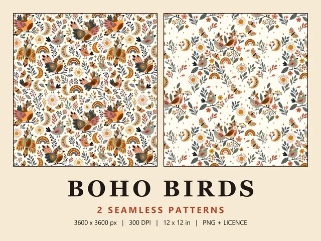 Boho Bird Seamless Pattern Set, Boho Bird Set cover image