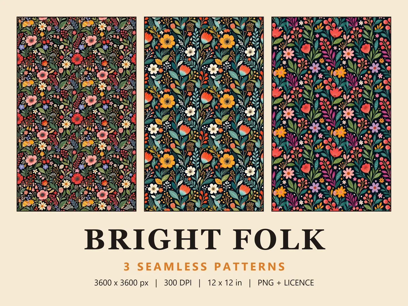 Bright Folk cover: three folk floral seamless patterns on black with pink poppies, golden flowers and coral tulips