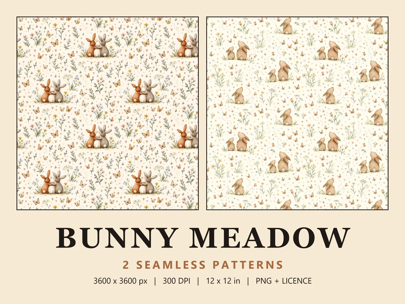 Bunny Meadow cover: cuddling rabbits with wildflowers and orange butterflies, next to rabbits sitting in a paler meadow