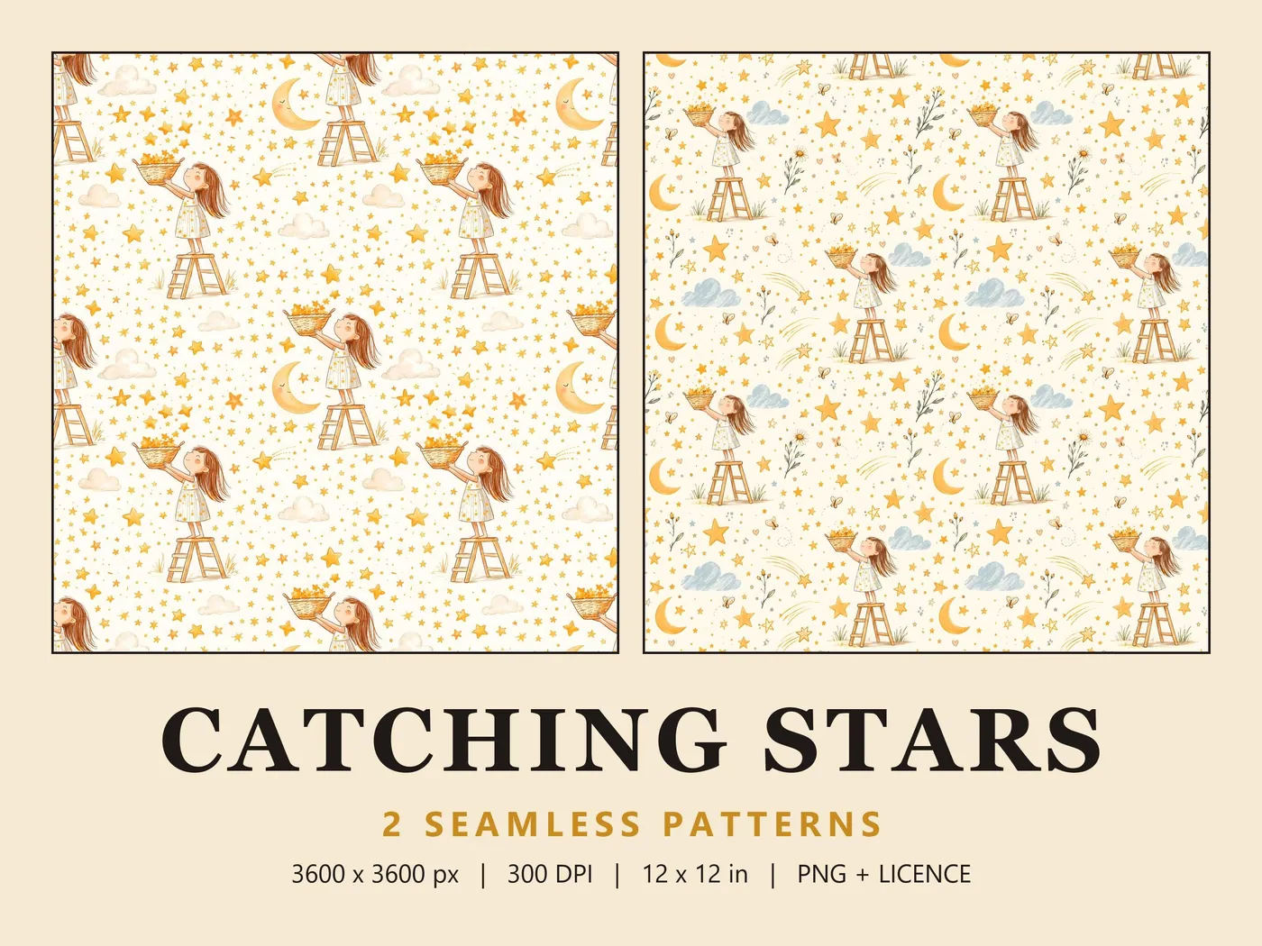 Catching Stars cover: two panels of a girl standing on a stepladder, raising a basket of gold stars among moons