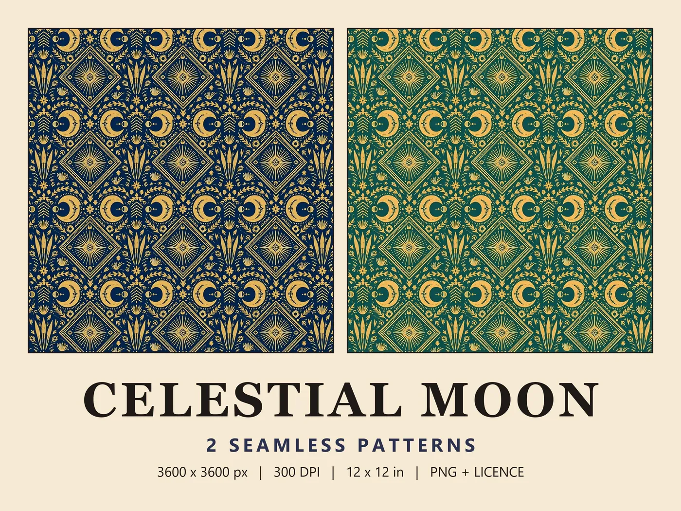 Two square swatches of gold crescent moons and sunburst diamonds, one navy and one emerald, titled Celestial Moon