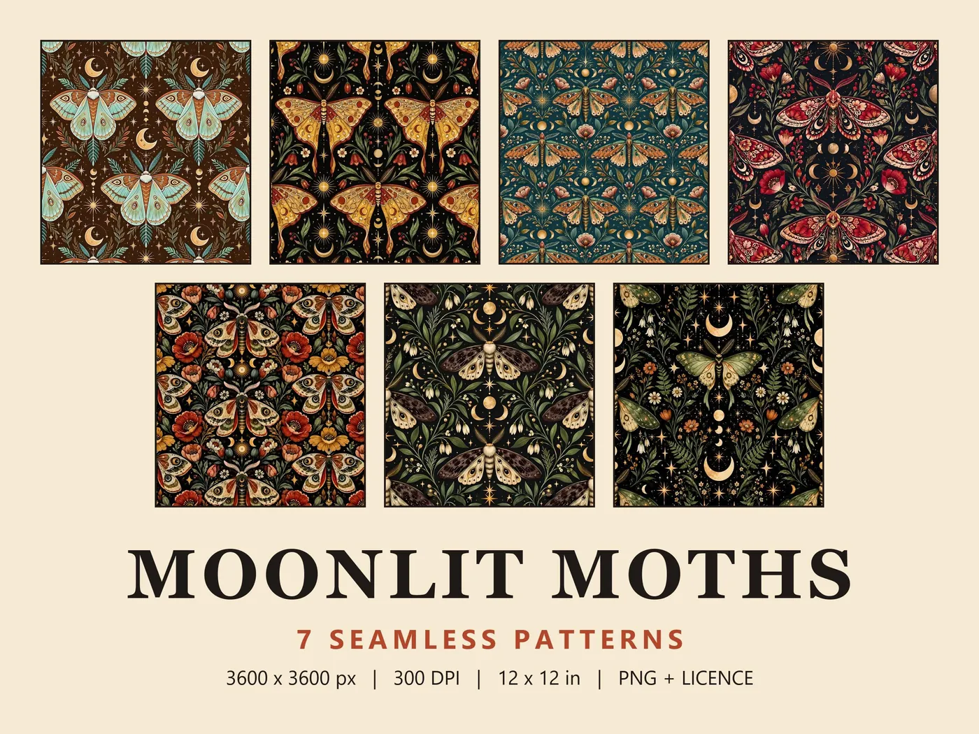 Seven moth seamless pattern tiles with crescent moons, stars and suns on dark grounds, titled Moonlit Moths
