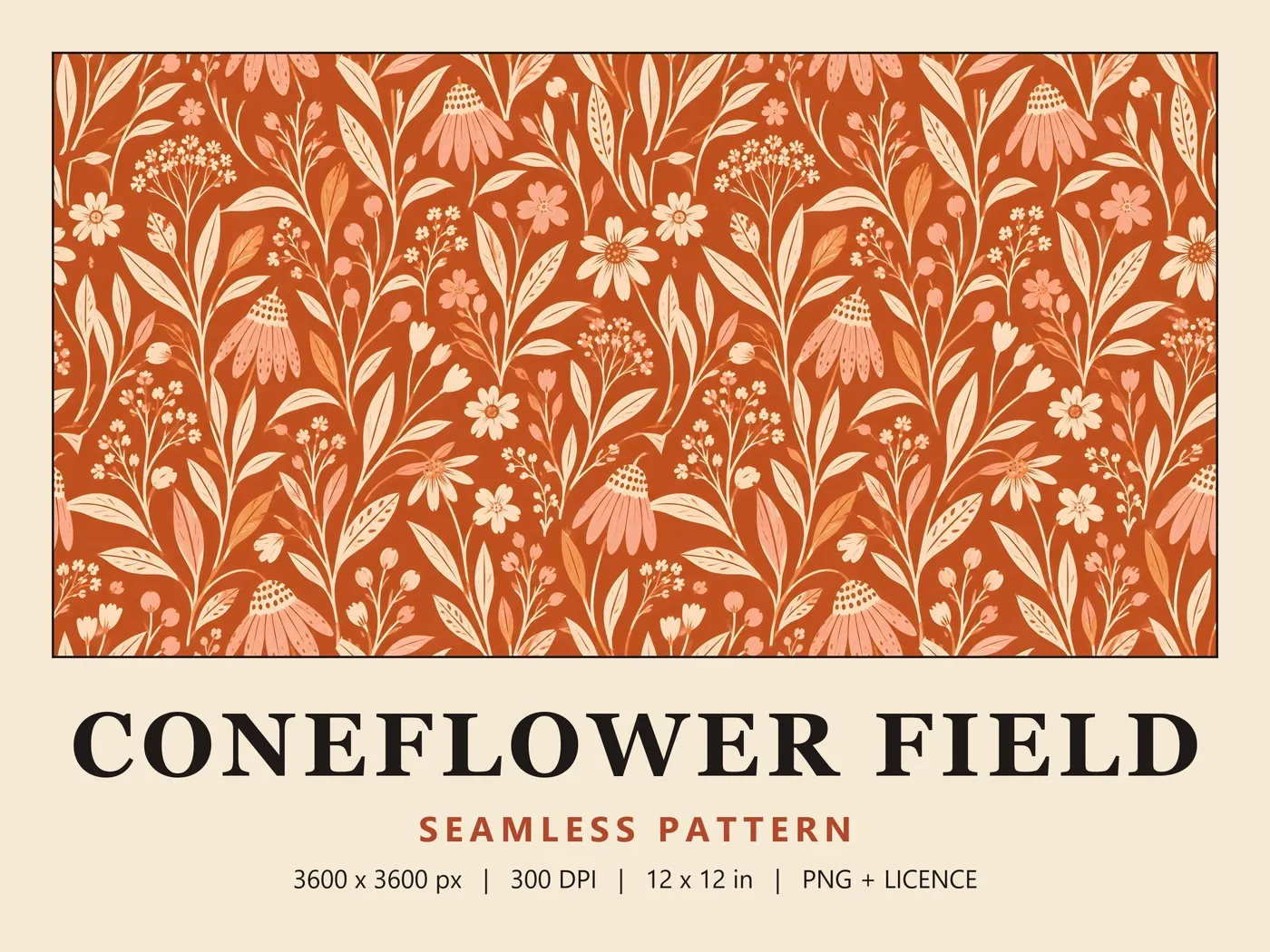 Coneflower Field pattern: blush coneflowers, cream daisies and slim leafy stems in a block-print style on burnt orange