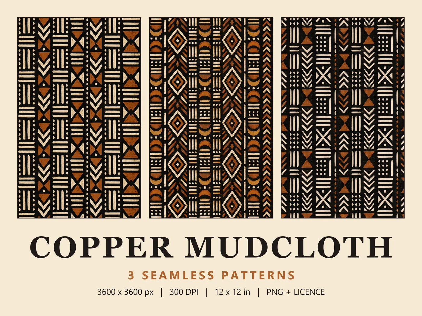 Three tall panels of cream and rust mudcloth-style marks on black, above the title Copper Mudcloth