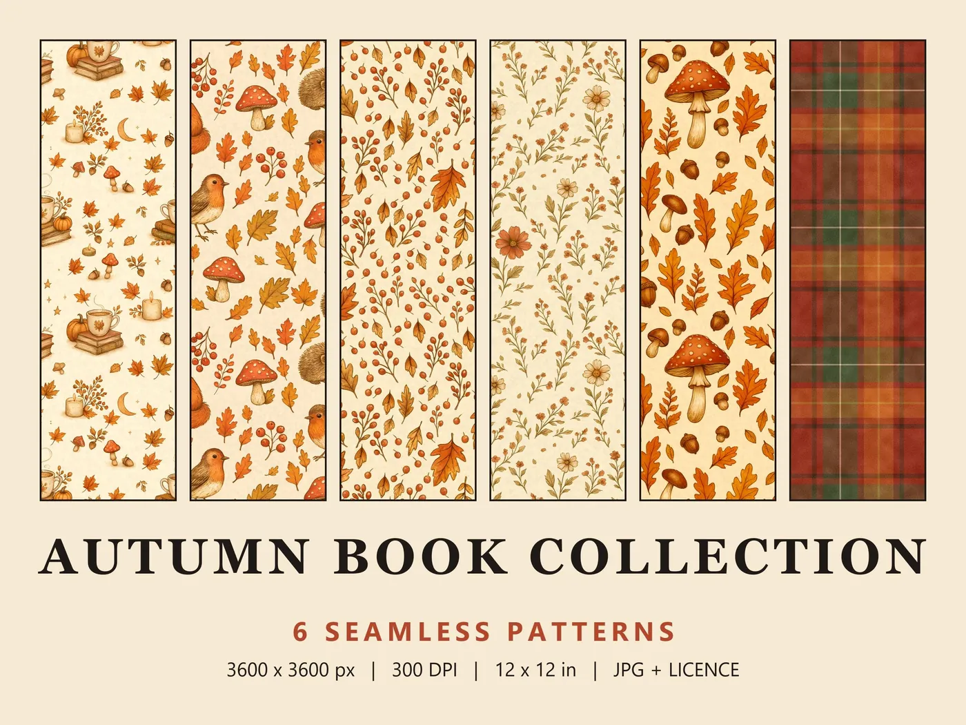 Six autumn pattern strips with books, robins, berries, flowers, toadstools and plaid, titled Autumn Book Collection