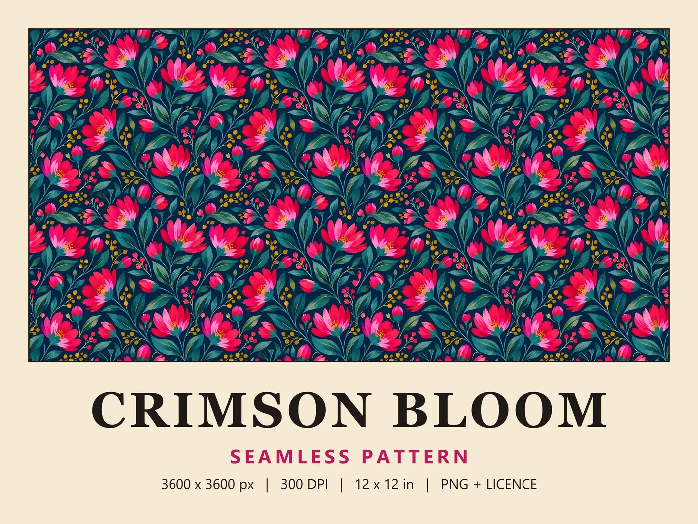 Crimson Bloom pattern: dense fuchsia and crimson flowers with gold berry sprigs and teal foliage on a navy ground