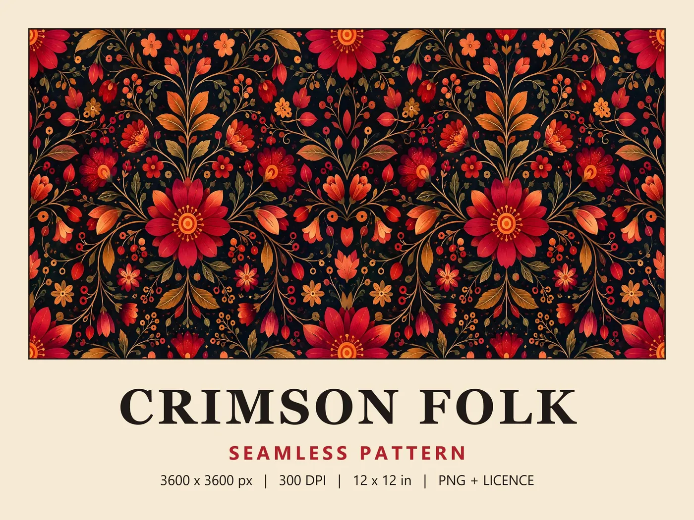Crimson Folk seamless pattern: mirrored crimson daisies, orange tulips and berries on curling golden stems, on black