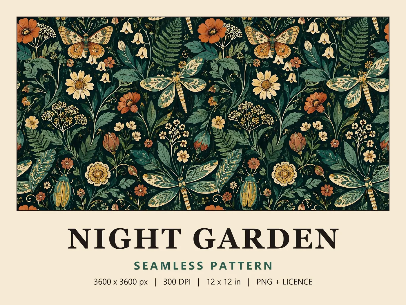 Night Garden pattern: dragonflies, moths and beetles among poppies, daisies and ferns on forest green