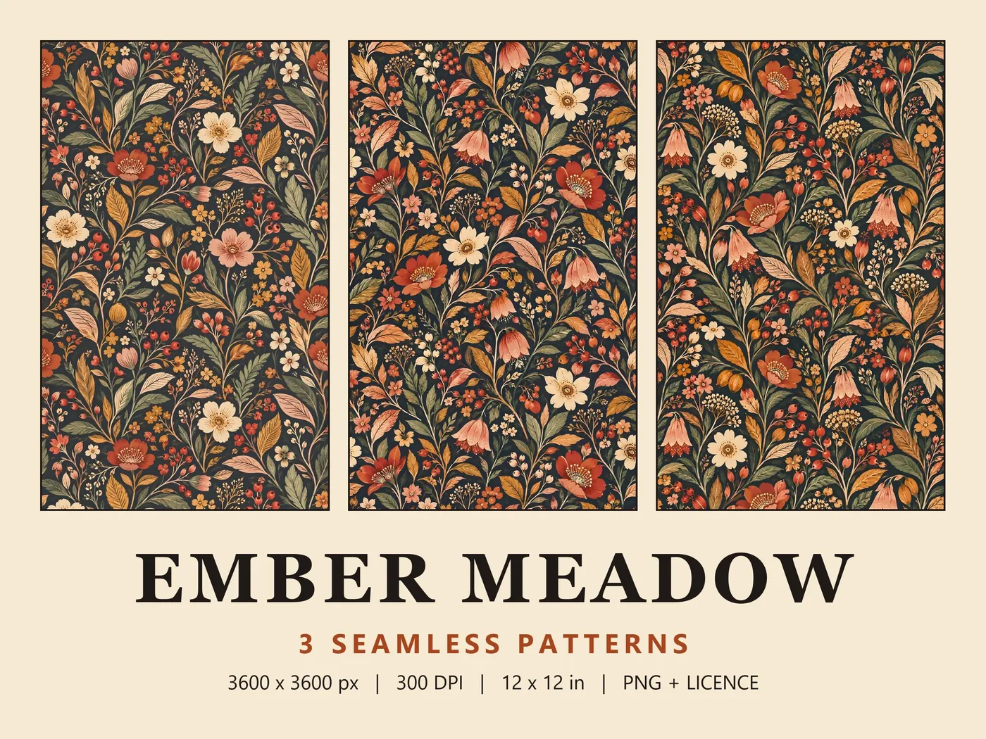Three Ember Meadow patterns: rust blooms, blush bellflowers, rosehips and sage leaves on charcoal