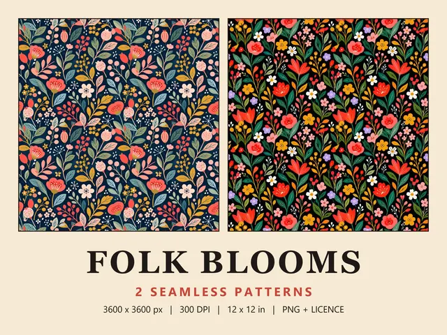 Folk Floral Seamless Pattern Set, Folk Blooms cover image