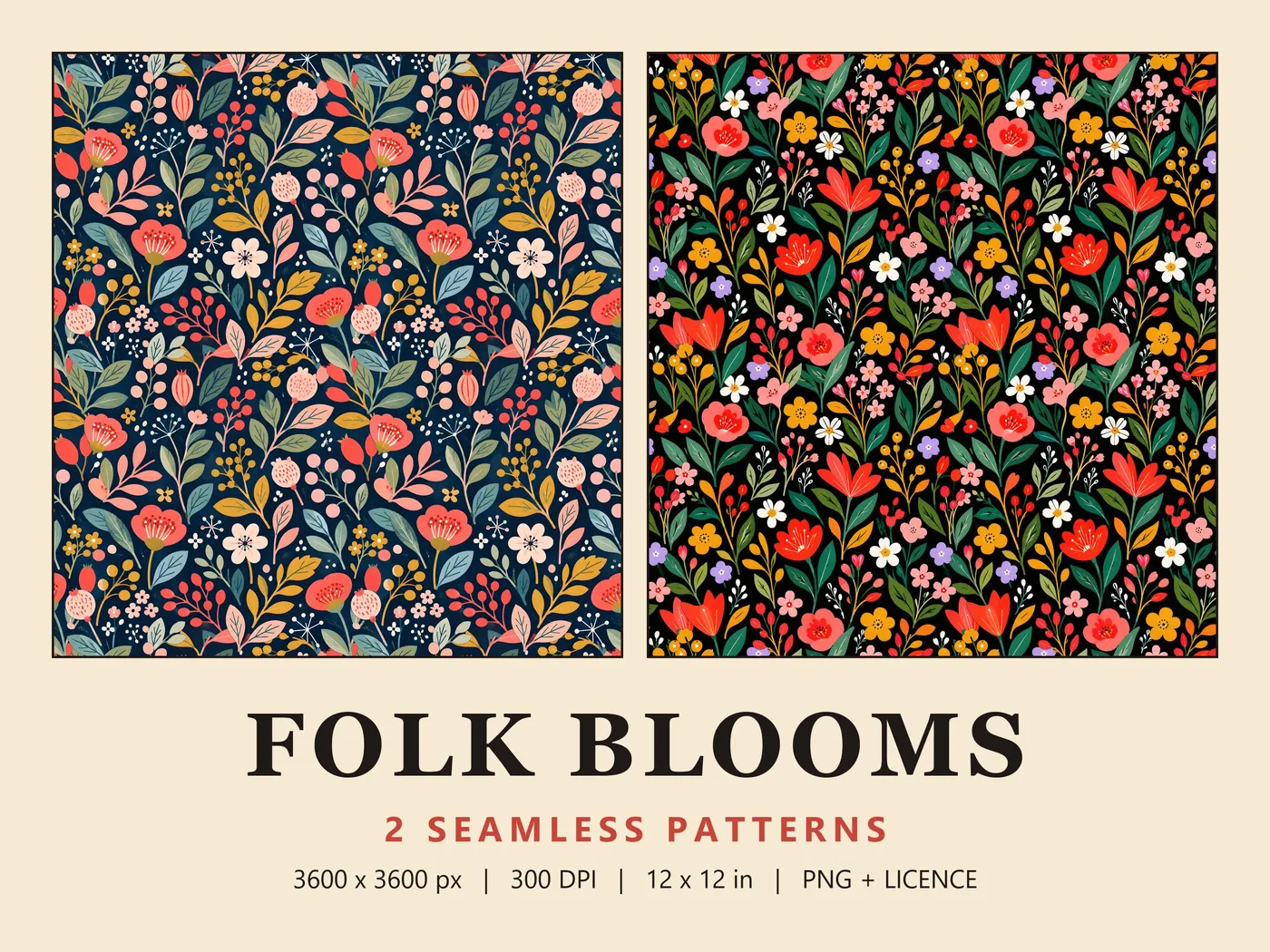 Folk Blooms cover: coral blooms and berries on deep navy beside red tulips and small bright flowers on black