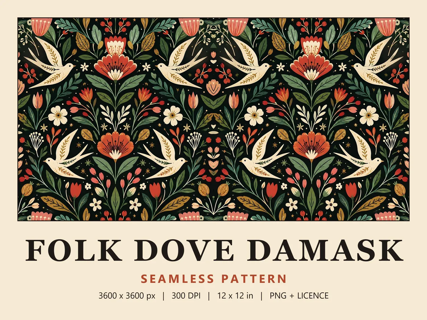 Folk Dove Damask seamless pattern: mirrored cream doves among red fan flowers, tulips and green leaves on black