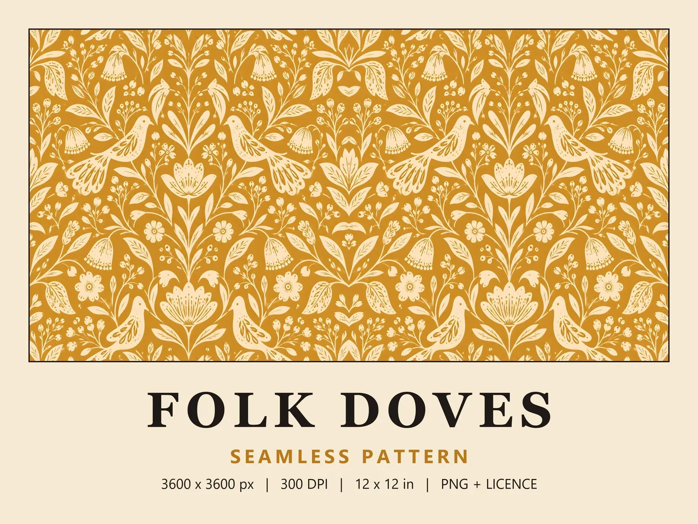 Folk Doves seamless pattern: cream doves, tulips and bellflowers in a mirrored layout on mustard gold