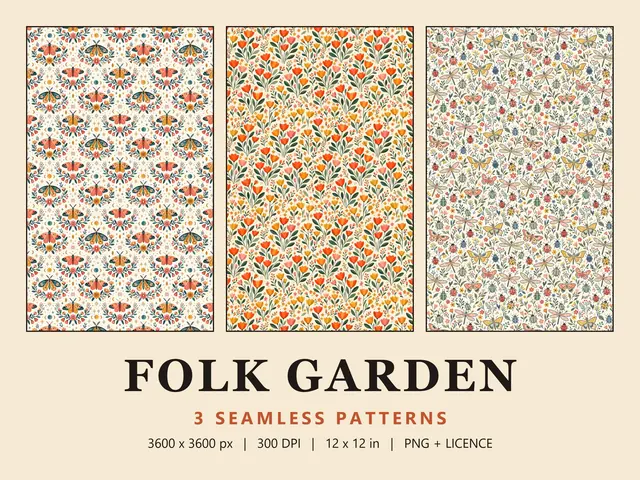 Cottagecore Seamless Pattern Bundle, Folk Moth Cottagecore Bundle cover image