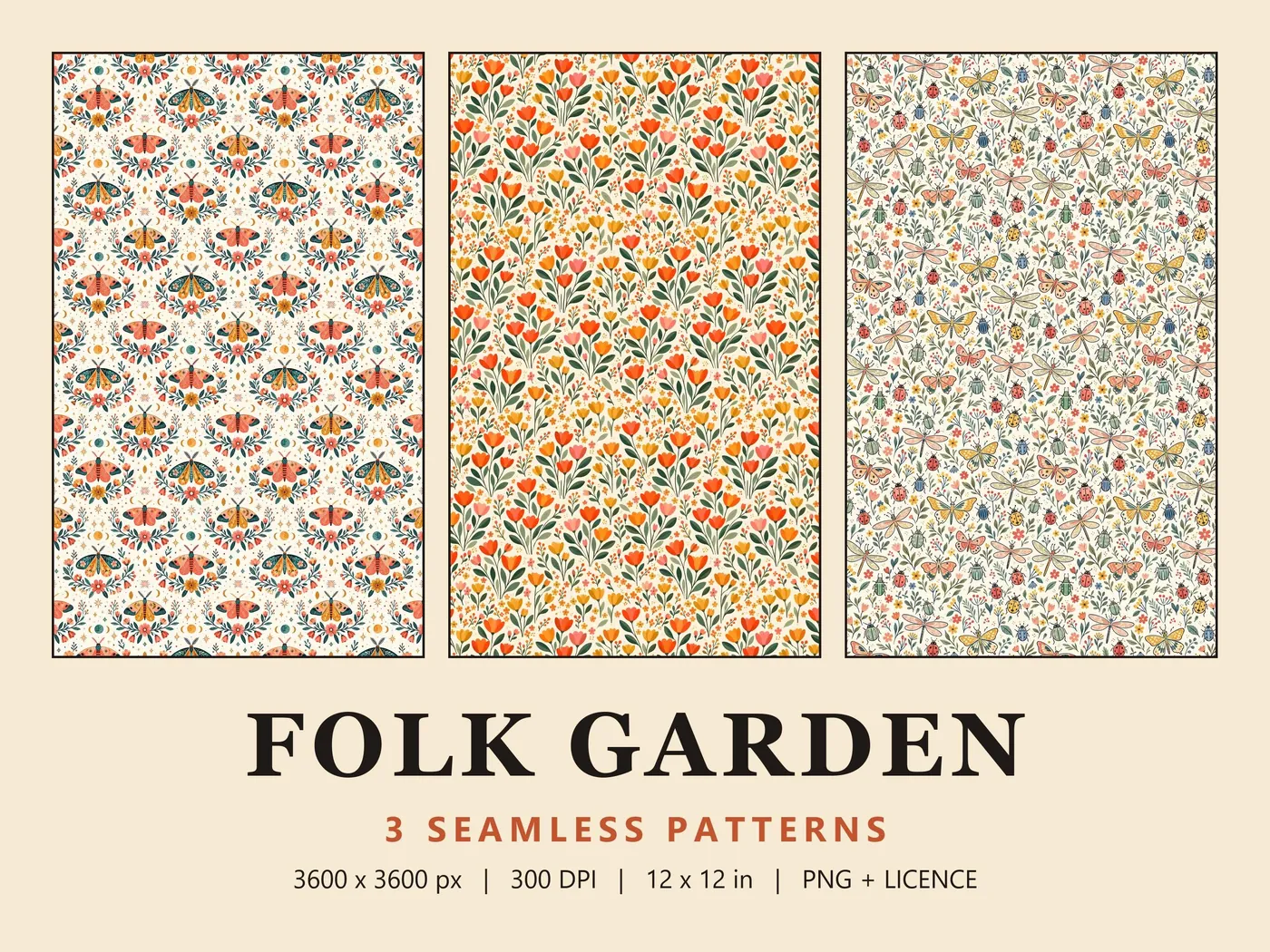 Three cottagecore seamless patterns on cream: folk moths with moons and stars, orange tulips, and garden bugs