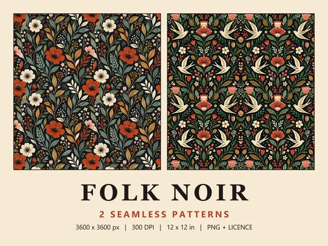 Dark Folk Floral Seamless Pattern Set, Folk Noir cover image