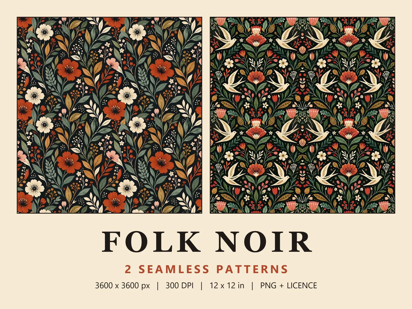 Folk Noir cover: a rust and cream autumn floral beside a mirrored cream dove damask, both on black