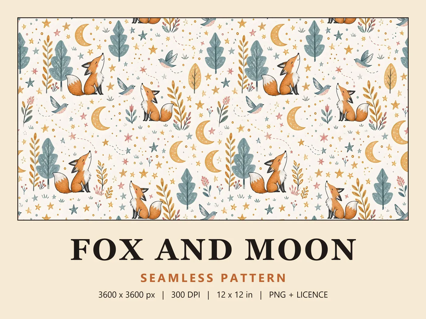 Fox and Moon cover: orange foxes, gold crescent moons, teal trees, small birds and stars on a cream background