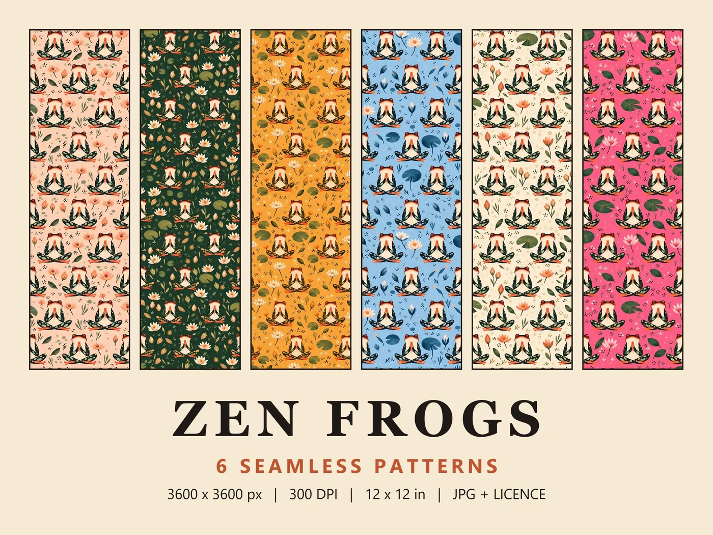 Zen Frogs cover: six colourways of a cross-legged frog pattern with water lilies, from peach and green to blue and pink