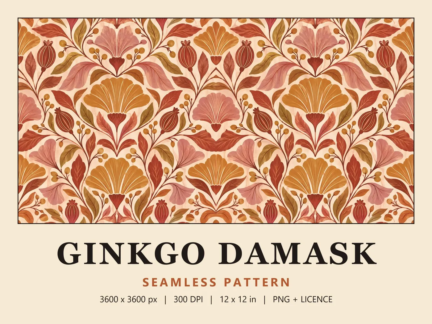 Ginkgo Damask seamless pattern: mustard ginkgo fans, pink lily shapes, rust leaves and seed pods mirrored on peach