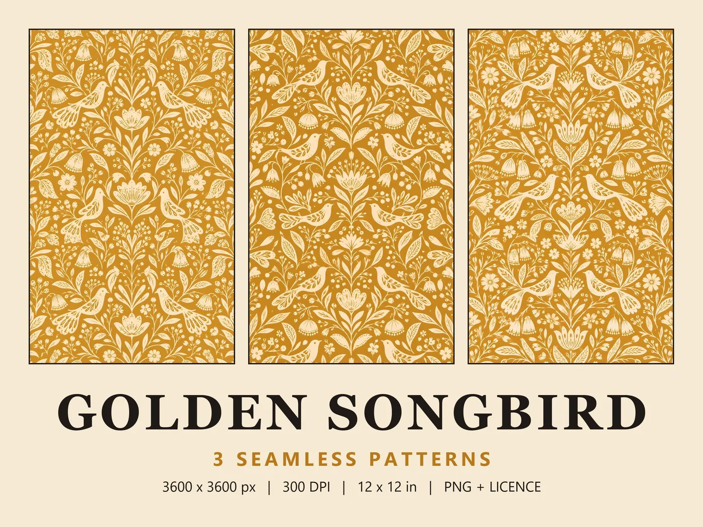 Golden Songbird cover: three cream-on-mustard folk bird damasks with doves, songbirds, tulips and bellflowers