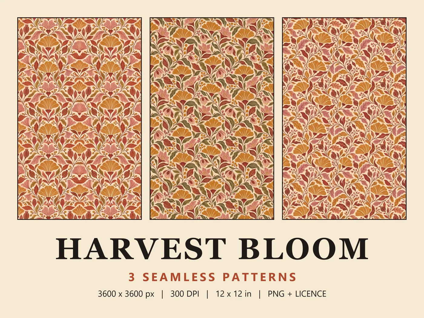 Three tall panels of golden fan flowers, pink blooms and rust leaves on cream, above the title Harvest Bloom