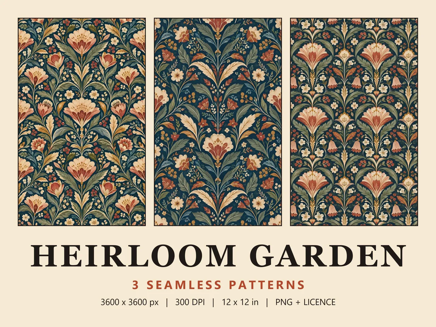Heirloom Garden cover: three navy folk damasks with blush, brick red and cream fan flowers, tulips and sage leaves