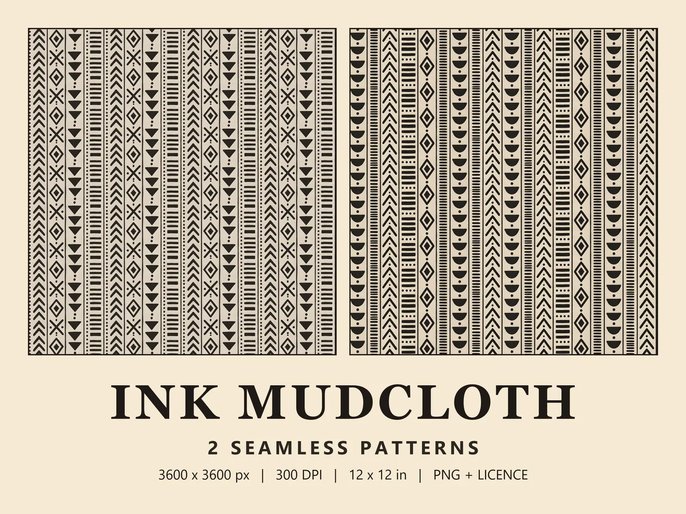 Two square swatches of black chevrons, diamonds and half moons on stone cream, above the title Ink Mudcloth