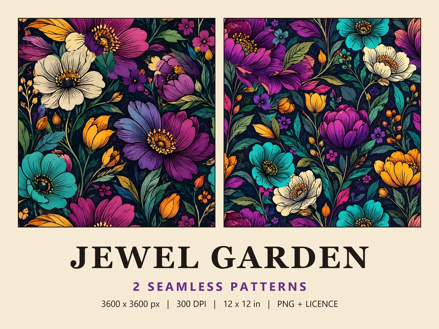 Two Jewel Garden patterns: oversized flowers in violet, magenta, turquoise, cream and gold on a midnight navy ground
