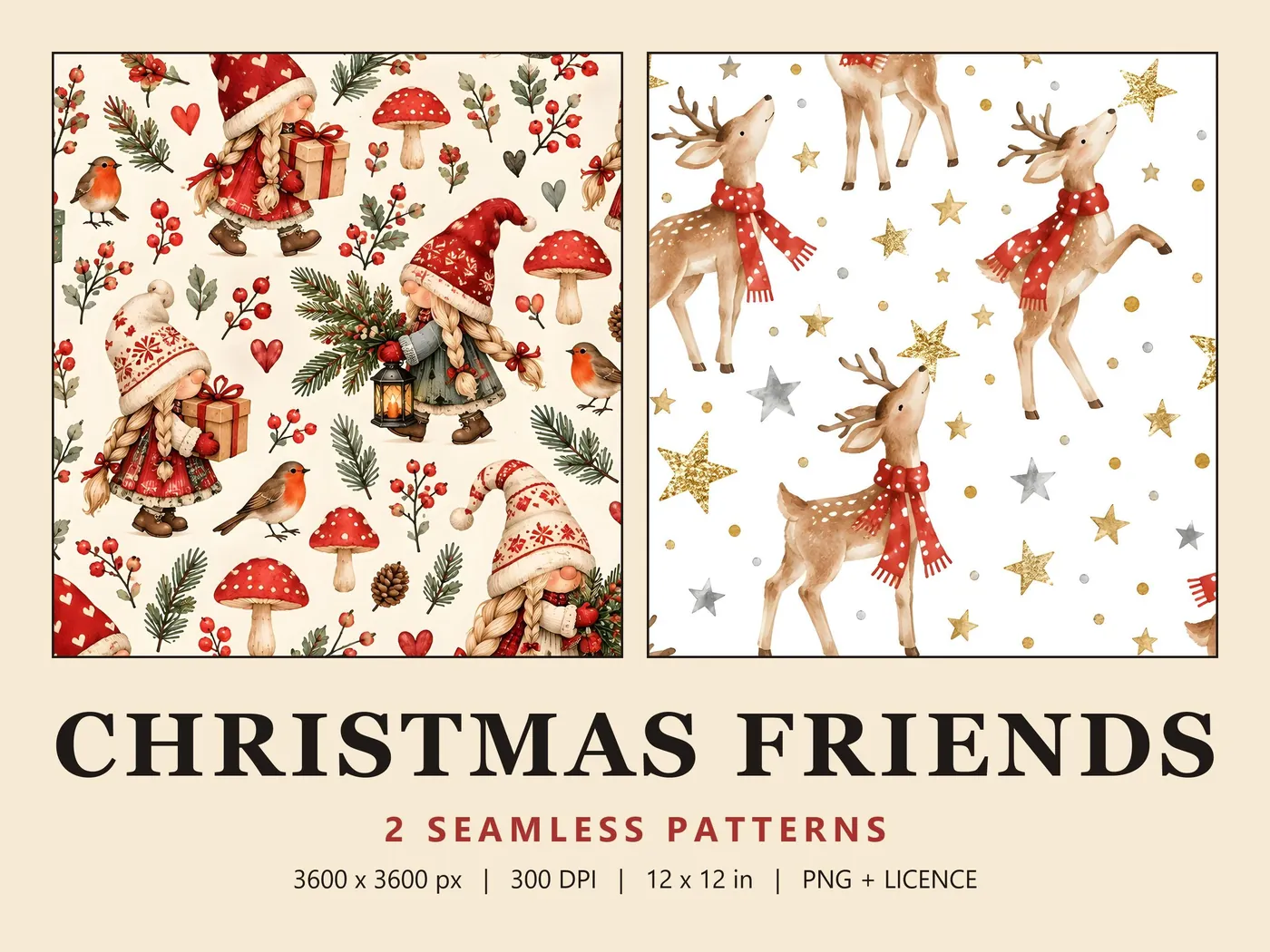 Christmas Friends cover: gnome girls in red hats with robins and toadstools, beside reindeer in red scarves and stars