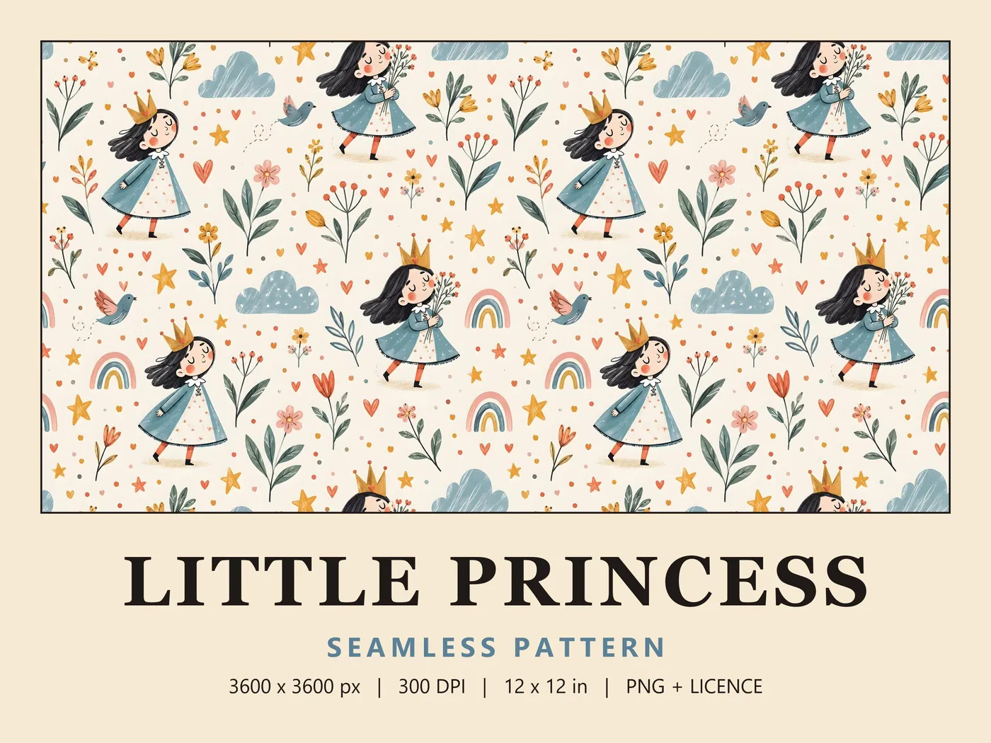 Little Princess cover: crowned girls in blue dresses holding flowers, with clouds, rainbows, little birds and stars