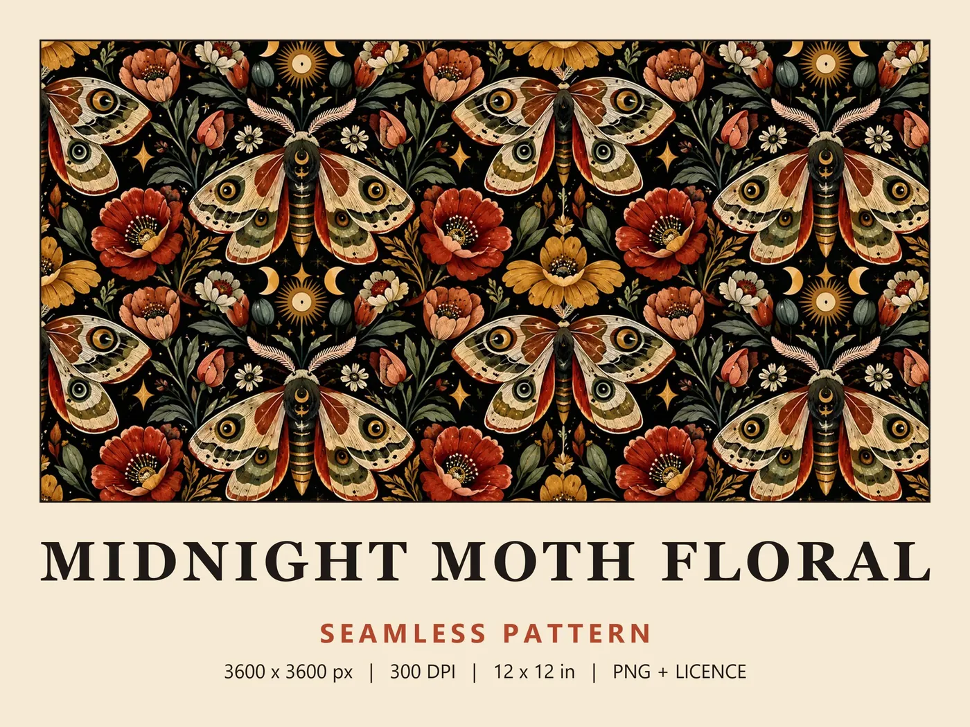 Midnight Moth Floral seamless pattern: eye-winged moths, red and gold flowers, crescent moons and stars on black