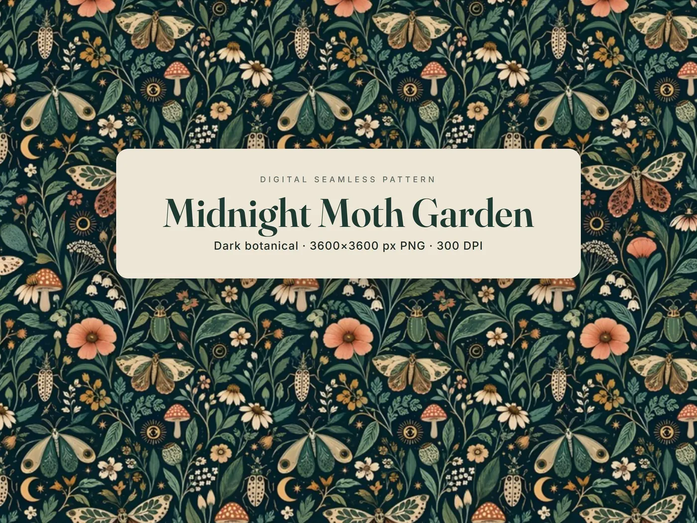 Midnight Moth Garden pattern: moths, beetles, toadstools and flowers on dark green, with a cream title label