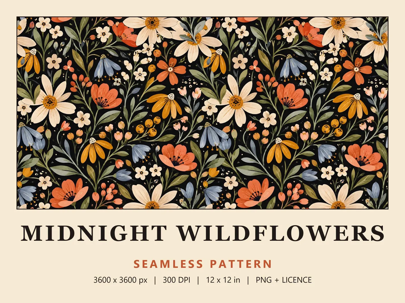 Midnight Wildflowers pattern: large daisies, poppies, coneflowers and blue bellflowers in warm tones on black