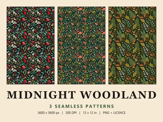 Dark Botanical Seamless Pattern Set, Midnight Woodland cover image