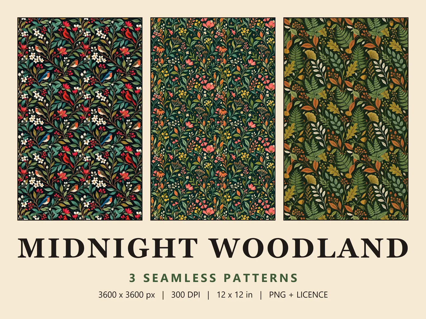 Three dark seamless patterns with songbirds, small wildflowers and ferns, under the title Midnight Woodland