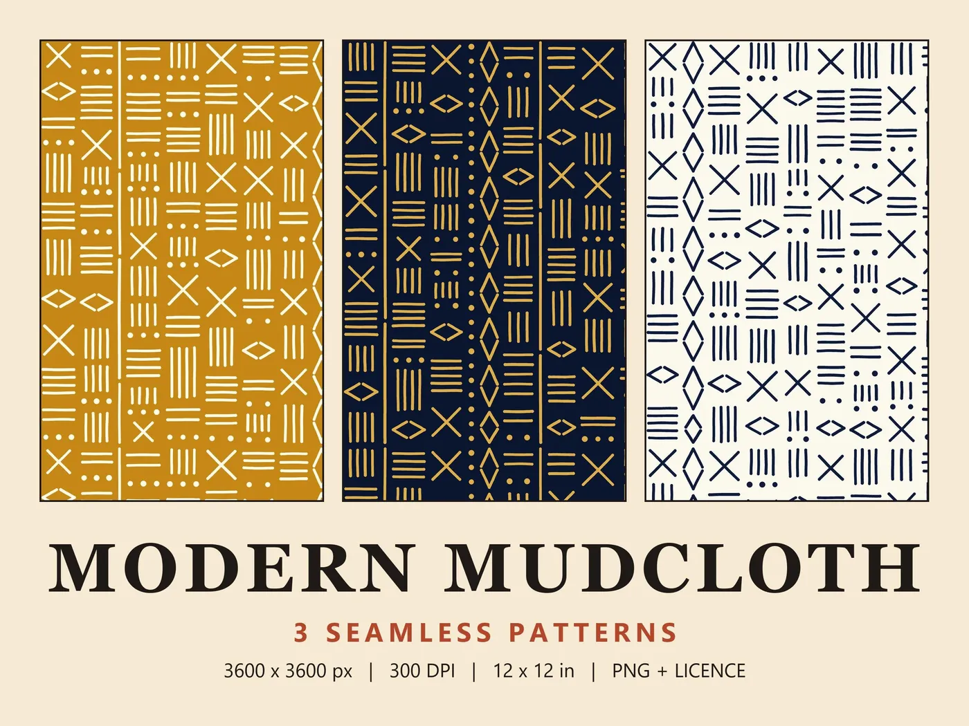 Three tall panels: cream marks on mustard, gold on navy and navy on cream, above the title Modern Mudcloth