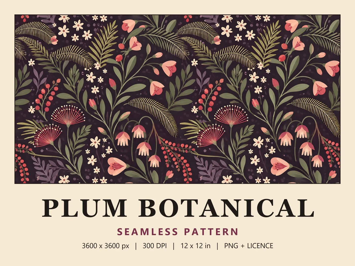 Plum Botanical pattern: pink tulips, bellflowers, ferns and red berries on a dark aubergine ground