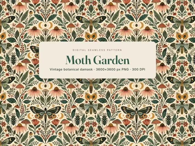 Moth Botanical Damask Seamless Pattern, Moth Garden cover image
