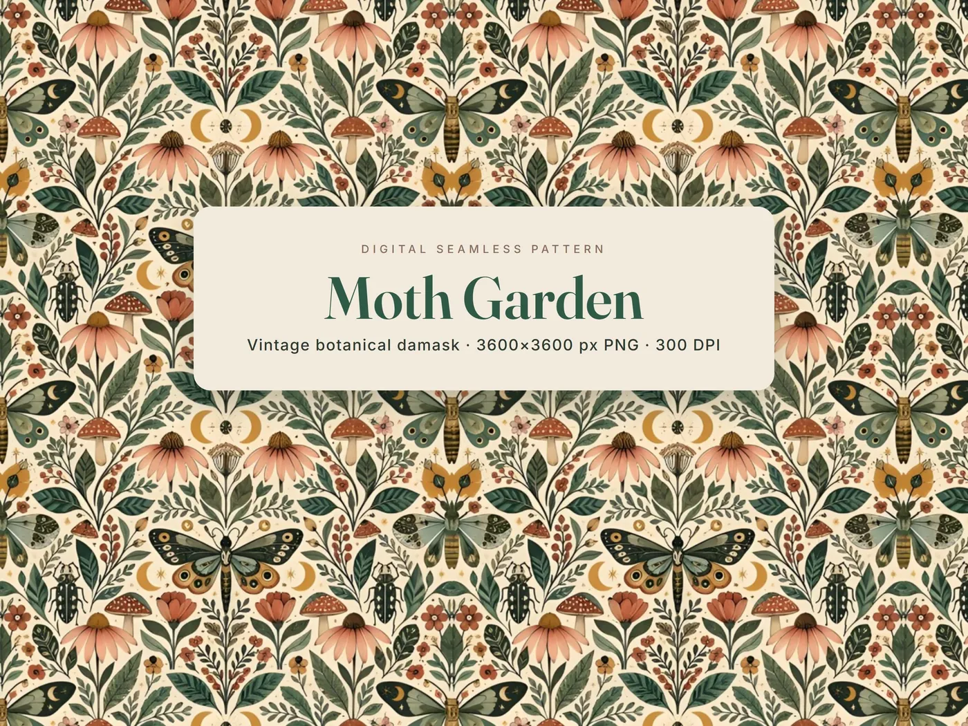 Moth Garden seamless pattern of moths, pink coneflowers, toadstools, beetles and crescent moons on cream, with a title label