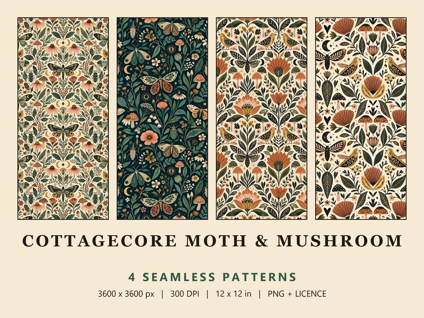 Cottagecore Moth & Mushroom cover: four folk patterns with moths, toadstools, birds and coneflowers, one on dark green