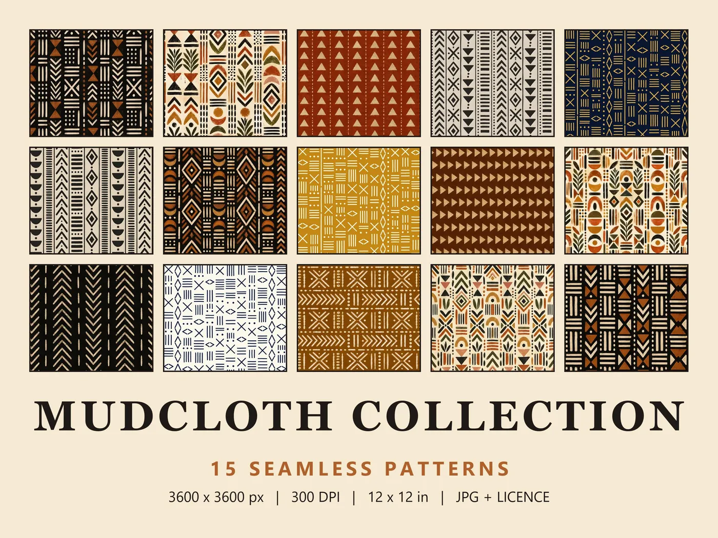 Grid of 15 mudcloth-style pattern tiles in black, rust, ochre, navy and cream above the title Mudcloth Collection