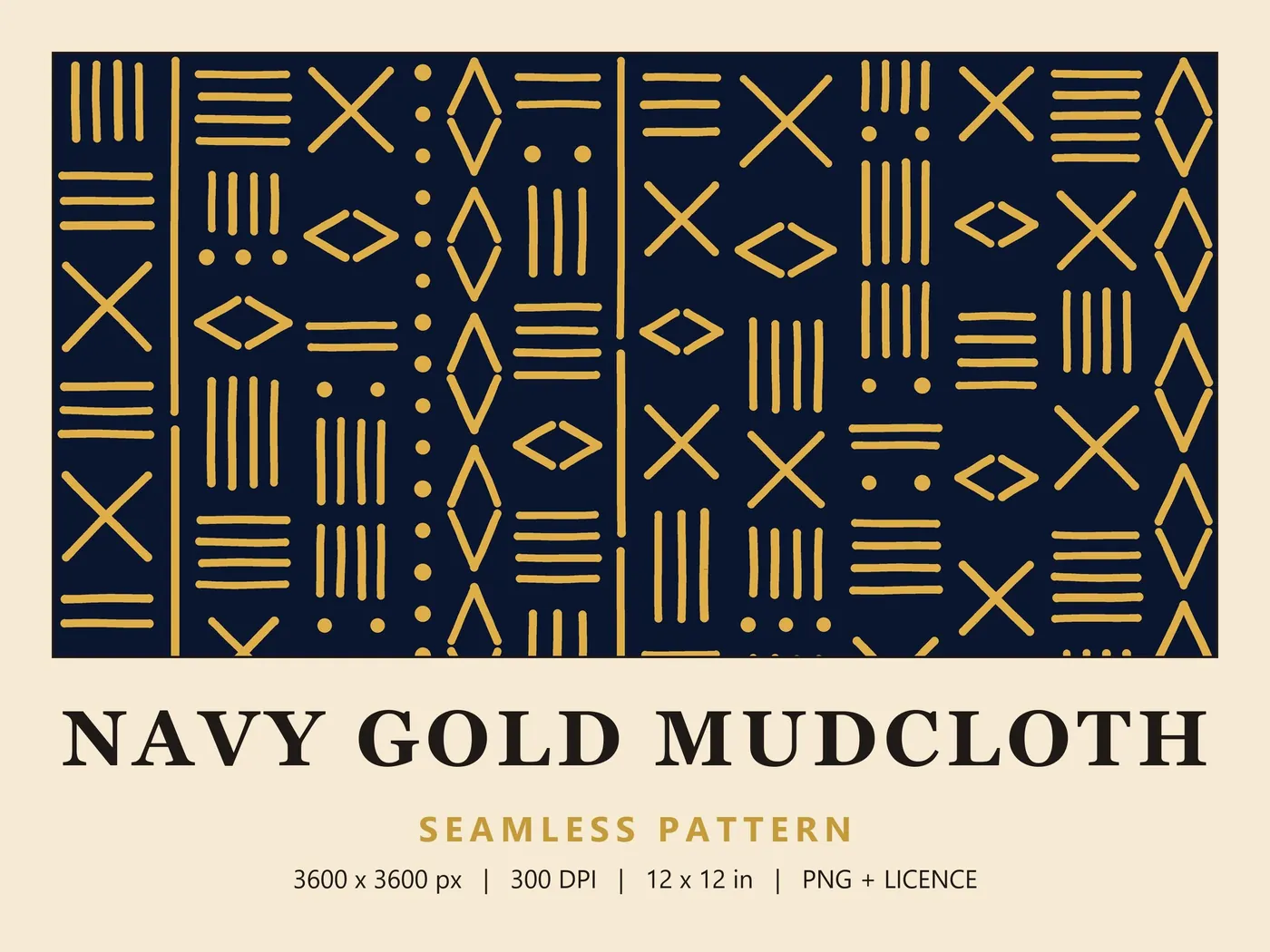 Wide swatch of gold crosses, diamonds and dashes on navy, above the title Navy Gold Mudcloth