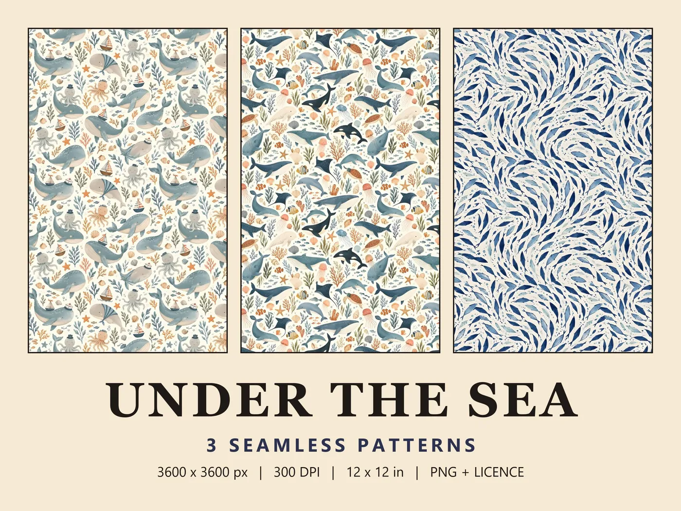 Under the Sea cover: three panels of whales and octopuses in sailor caps, a busy sea-life print and a swirl of blue fish